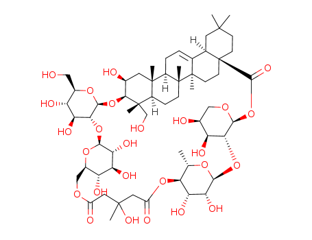 Molecular Structure of 123714-90-9 (Olean-12-en-28-oicacid, 3-[[2-O-[6-O-(4-carboxy-3-hydroxy-3-methyl-1-oxobutyl)-b-D-glucopyranosyl]-b-D-glucopyranosyl]oxy]-2,23-dihydroxy-,28-[2-O-(6-deoxy-a-L-mannopyranosyl)-a-L-arabinopyranosyl] ester,intramol. 6''(3)®4''(28)-ester,(2b,3b,4a)-)