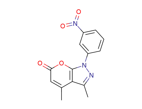 Molecular Structure of 85094-18-4 (Pyrano[2,3-c]pyrazol-6(1H)-one, 3,4-dimethyl-1-(3-nitrophenyl)-)