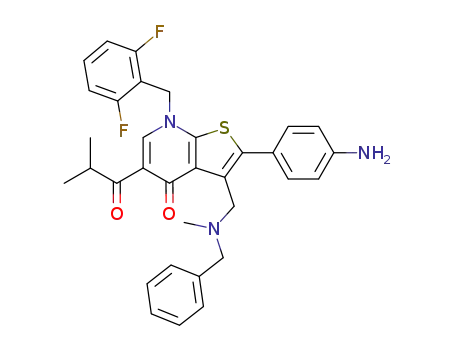 Molecular Structure of 174072-26-5 (2-(4-Amino-phenyl)-3-[(benzyl-methyl-amino)-methyl]-7-(2,6-difluoro-benzyl)-5-isobutyryl-7H-thieno[2,3-b]pyridin-4-one)