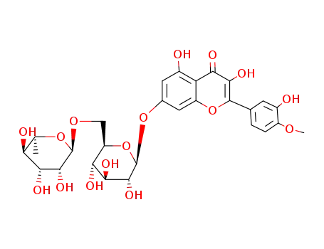 Molecular Structure of 14265-53-3 (7-[[6-O-(6-deoxy-alpha-L-mannopyranosyl)-beta-D-glucopyranosyl]oxy]-3,5-dihydroxy-2-(3-hydroxy-4-methoxyphenyl)-4H-benzopyran-4-one)