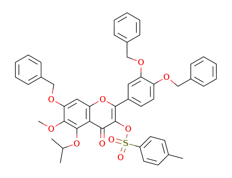 Molecular Structure of 188927-56-2 (4H-1-Benzopyran-4-one,
2-[3,4-bis(phenylmethoxy)phenyl]-6-methoxy-5-(1-methylethoxy)-3-[[(4-
methylphenyl)sulfonyl]oxy]-7-(phenylmethoxy)-)