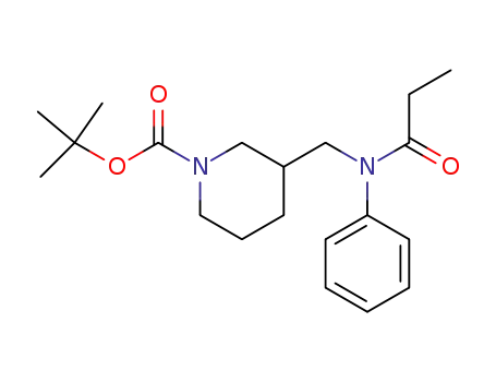 Molecular Structure of 309735-80-6 (1-Piperidinecarboxylic acid, 3-[[(1-oxopropyl)phenylamino]methyl]-,
1,1-dimethylethyl ester)