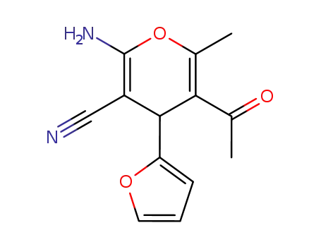Molecular Structure of 105263-08-9 (5-ACETYL-2-AMINO-4-(2-FURANYL)-6-METHYL-4H-PYRAN-3-CARBONITRILE)