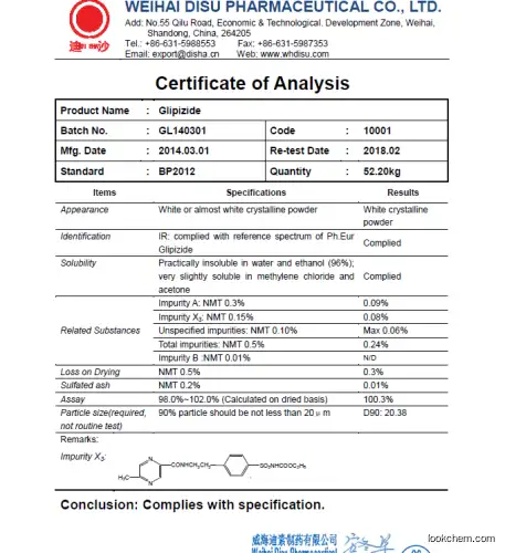 Glipizide(CEP)    GMP  standard:  BP  CP  USP  EP(29094-61-9)