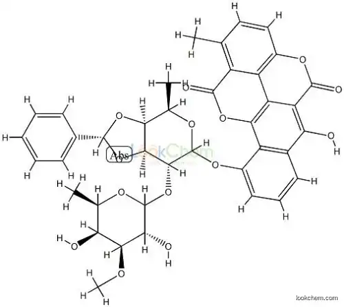 101694-19-3 Benzo(h)(1)benzopyrano(5,4,3-cde)(1)benzopyran-5,12-dione, 10-((6-deox y-2-O-(6-deoxy-3-O-methyl-alpha-D-galactopyranosyl)-3,4-O-(phenylmethy lene)-beta-D-galactopyranosyl)oxy)-6-hydroxy-