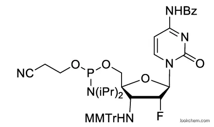 ((2S,3R,4R,5R)-5-(4-benzamido-2-oxopyrimidin-1(2H)-yl)-4-fluoro-3-(((4-methoxyphenyl)diphenylmethyl)amino)tetrahydrofuran-2-yl)methyl (2-cyanoethyl) diisopropylphosphoramidite(182934-57-2)