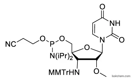 2-cyanoethyl (((2S,3R,4R,5R)-5-(2,4-dioxo-3,4-dihydropyrimidin-1(2H)-yl)-4-methoxy-3-(((4-methoxyphenyl)diphenylmethyl)amino)tetrahydrofuran-2-yl)methyl) diisopropylphosphoramidite