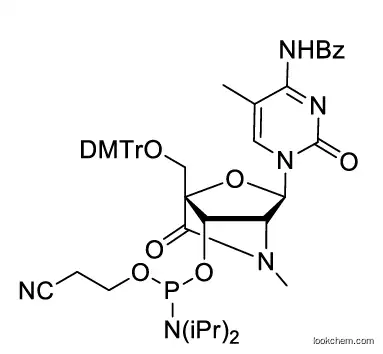 (1R,3R,4R,7S)-3-(4-benzamido-5-methyl-2-oxopyrimidin-1(2H)-yl)-1-((bis(4-methoxyphenyl)(phenyl)methoxy)methyl)-5-methyl-6-oxo-2-oxa-5-azabicyclo[2.2.1]heptan-7-yl (2-cyanoethyl) diisopropylphosphorami