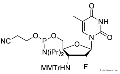 2-cyanoethyl (((2S,3R,4R,5R)-4-fluoro-3-(((4-methoxyphenyl)diphenylmethyl)amino)-5-(5-methyl-2,4-dioxo-3,4-dihydropyrimidin-1(2H)-yl)tetrahydrofuran-2-yl)methyl) diisopropylphosphoramidite