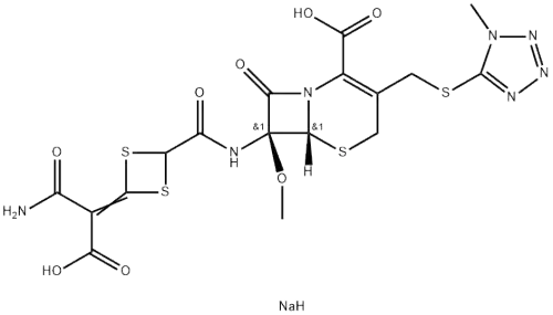 Disodium (7R)-7-[[4-(carbamoyl-carboxylato-methylidene)-1,3-dithietane-2-carbonyl]amino]-7-methoxy-3-[(1-methyltetrazol-5-yl)sulfanylmethyl]-8-oxo-5-thia-1-azabicyclo[4.2.0]oct-2-ene-2-carboxylate