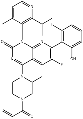Pyrido[2,3-d]pyrimidin-2(1H)-one, 6-fluoro-7-(2-fluoro-6-hydroxyphenyl)-1-[4-methyl-2-(1-methylethyl)-3-pyridinyl]-4-[(2S)-2-methyl-4-(1-oxo-2-propen-1-yl)-1-piperazinyl]-, (1R)-