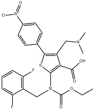 2-((2,6-difluorobenzyl)(ethoxycarbonyl)amino)-4-((dimethylamino)methyl)-5-(4-nitrophenyl)thiophene-3-carboxylic acid