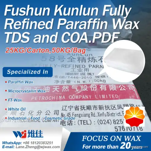 Fushun Kunlun Fully Refined Paraffin Wax TDS and COA.PDF(8002-74-2)