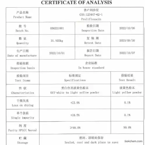 Prulifloxacin API and intermediates